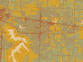 Obraz premium Poster-ready flat map of Blue Springs, Missouri, sage green ground with rust-red roads and ochre accents.