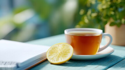 A Serene Moment of Reflection: A Steaming Cup of Tea with Fresh Lemon Slices on a Tranquil Table Surrounded by Nature