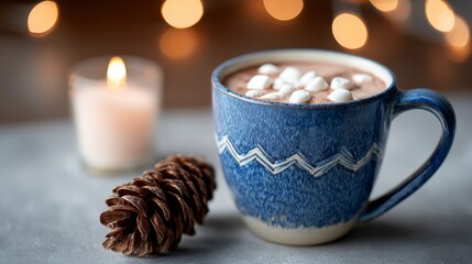 A Cozy Winter Scene Featuring Hot Chocolate Topped with Marshmallows, Complemented by a Candle and Pine Cone, Creating a Warm Atmosphere