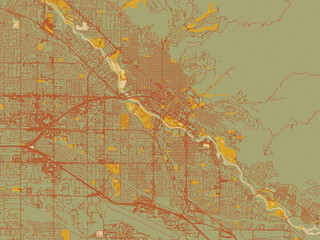 Fototapeta premium Minimalist flat city map of Boise, Idaho with olive backdrop with warm rust street network and ochre blocks.