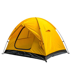 A yellow dome tent, open, on a black base, isolated on a solid black background