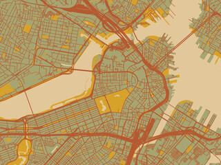 Fototapeta premium Decorative flat city map of Boston Center, Massachusetts using earthy sage background with rust roadways and ochre details.