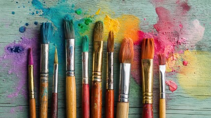 Obraz premium Set of Colorful Watercolor Brushes and Paints on Wooden Table with Vibrant Splashes of Color and Artistic Tools for Creative Projects