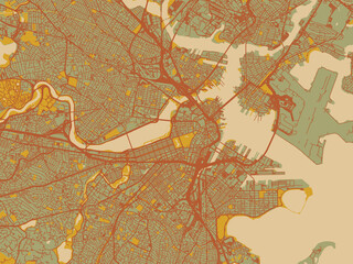 Contemporary flat map of Boston, Massachusetts rendered with sage/olive tone field with rust networks and ochre shapes, cream water.