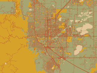Decorative flat city map of Boulder, Colorado using sage green ground with rust-red roads and ochre accents.