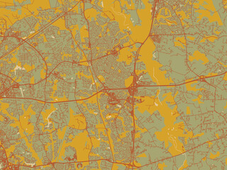 Flat painterly map of Bowie, Maryland in sage green ground with rust-red roads and ochre accents.