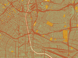 Stylized minimalist map of Boyle Heights, California in sage green ground with rust-red roads and ochre accents.