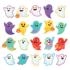 Obraz premium A fun and playful collection of colorful cartoon ghosts in various expressive poses, some holding Halloween pumpkin buckets. 