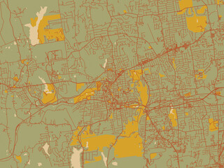 Decorative flat city map of Bristol, Connecticut using sage green ground with rust-red roads and ochre accents.