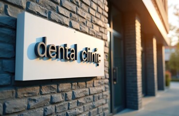 Obraz premium Exterior shot presents dental clinic signage on building. The text is in dark letters on sign. Facade shows brick wall and entrance. Sunlight touches building with inviting atmosphere outside.