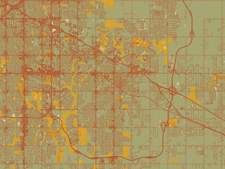 Graphic flat color map of Broken Arrow, Oklahoma in olive backdrop with warm rust street network and ochre blocks.