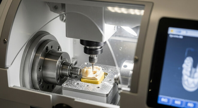 Closeup modern dental milling machine precisely carving tooth crown from block material, showcasing advanced technology in dentistry and prosthetics