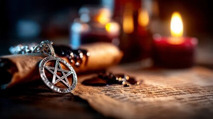A Mystical Arrangement of Pentagram Pendant, Ancient Scroll and Candles Creating an Enigmatic Atmosphere for Ritualistic Practices