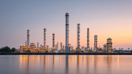 Obraz premium Industrial skyline at dusk showcasing modern refinery with illuminated towers, reflecting in the calm water, highlighting energy and technology advancements