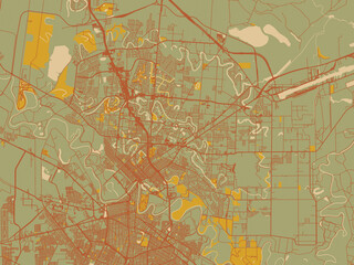 Minimalist flat city map of Brownsville, Texas with sage/olive tone field with rust networks and ochre shapes, cream water.