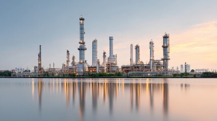 Fototapeta premium Industrial Refinery Landscape at Sunset with Reflections on Water, Showcasing Complex Structures and Machinery of an Oil Processing Facility