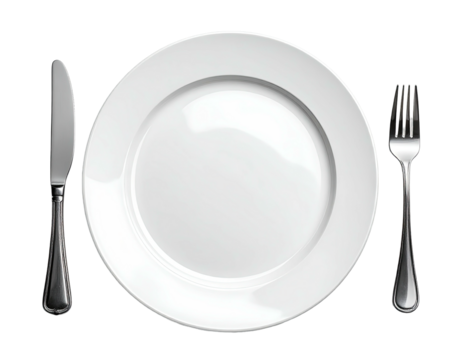 A white plate with a knife and fork