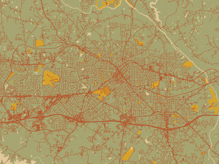 Decorative flat city map of Burlington, North Carolina using sage/olive tone field with rust networks and ochre shapes, cream water.