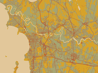 Abstract flat-design map of Burlington, Vermont, featuring earthy sage background with rust roadways and ochre details.