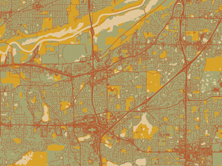 Graphic flat color map of Burnsville, Minnesota in olive backdrop with warm rust street network and ochre blocks.