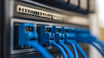 Network connections: blue cables plugged into a server rack. Data center infrastructure and communication system in operation, information technology cabling.