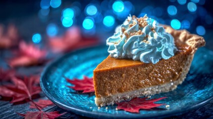 Delicious Slice of Pumpkin Pie Topped with Whipped Cream and Garnished with Autumn Leaves, Perfect for Seasonal Festivities and Gatherings