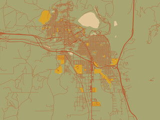Contemporary flat map of Butte, Montana rendered with sage/olive tone field with rust networks and ochre shapes, cream water.
