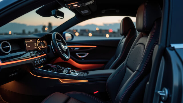 Sleek interior of luxury car featuring leather seats, modern dashboard, ambient lighting, and stylish design