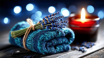 A Lush Arrangement of Lavender Sticks Beside a Candle and Soft Blue Towel, Creating a Serene and Relaxing Atmosphere with Gentle Ambience