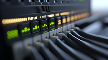 Network server with connected cables and blinking lights indicating activity. System in operation with multiple connections and processing.