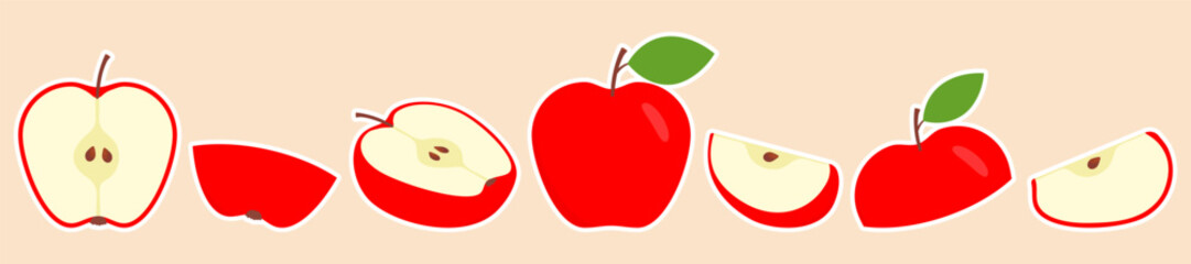 Red apples collection. Whole, half and slices of apple. Fruits sticker set. Vector illustration isolated.