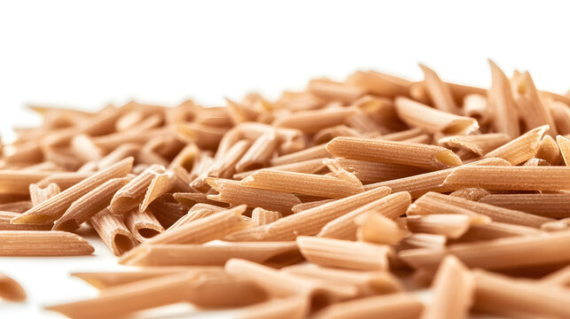 Penne noodles placed in a loosely arranged pile, their ridged surfaces catching the light, against a white background.