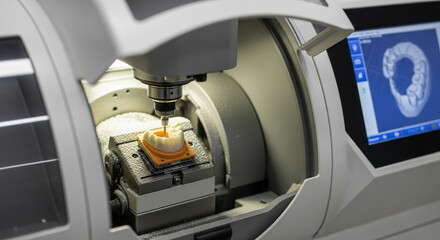 Closeup dental milling machine precisely carving tooth crown from block, with digital display showing the 3d model