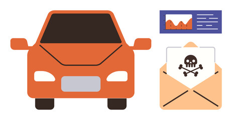 Naklejka premium Red car front, envelope with skull malware icon, and analytics chart emphasizing cyber risks. Ideal for cybersecurity, hacking, digital safety, automotive security, data breach, online protection