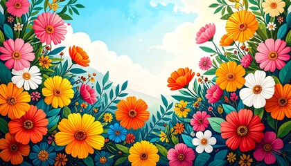 Vibrant floral border against a light blue sky and mountains.  A colorful array of flowers and foliage creates a cheerful springtime scene