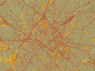 Decorative flat city map of Charlotte Center North, Carolina using sage/olive tone field with rust networks and ochre shapes, cream water.