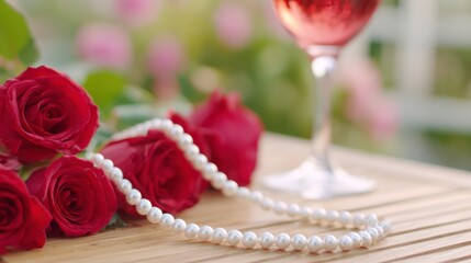 Elegant Arrangement of Red Roses with Pearls and a Glass of Wine in a Romantic Setting Reflecting Love and Sophistication in a Beautiful Garden