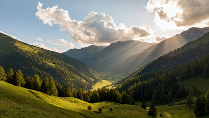 Fototapeta premium Mountain valley with sunlight