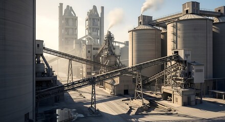 Fototapeta premium Industrial Cement Factory with Silos and Conveyor Belts Under a Hazy Sky