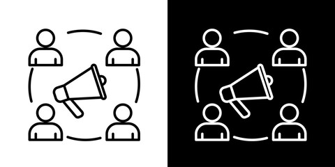 Vector line icon representing marketing, public relations, and audience communication with a megaphone and network of people