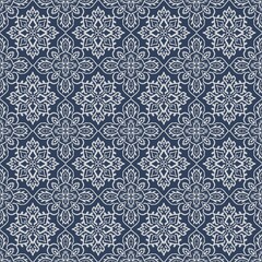 This image displays a seamless and intricate pattern with a classic, elegant feel. The design features a symmetrical, repeating motif of stylized flowers and foliage, arranged in a grid-like structure