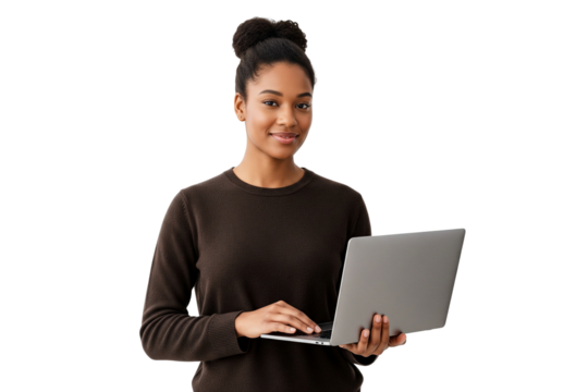Beauty African woman with laptop isolated on white
