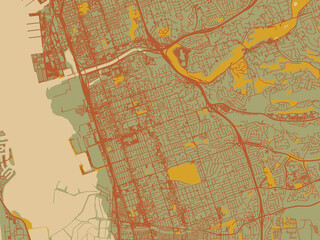 Abstract flat-design map of Chula Vista, California, featuring sage green ground with rust-red roads and ochre accents.