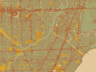 Vector-style flat map of Clinton Township, Michigan with sage green ground with rust-red roads and ochre accents.