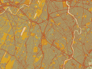 Modern flat map poster of Clifton, New jersey in sage/olive tone field with rust networks and ochre shapes, cream water.
