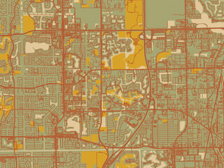Obraz premium Abstract flat-design map of Coconut Creek, Florida, featuring sage green ground with rust-red roads and ochre accents.
