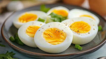 Close-up of boiled eggs sliced on a plate, World Egg Day.