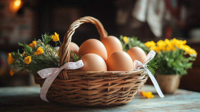 Basket of eggs decorated with ribbons, World Egg Day.