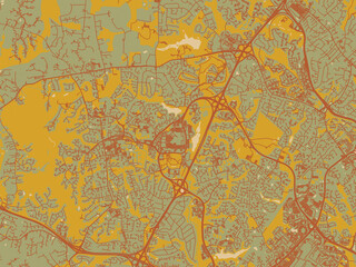Contemporary flat map of Columbia, Maryland rendered with earthy sage background with rust roadways and ochre details.