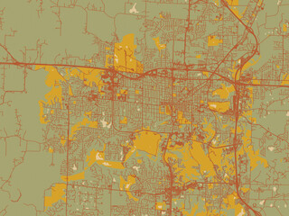 Stylized minimalist map of Columbia, Missouri in sage green ground with rust-red roads and ochre accents.